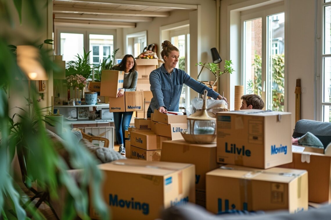 Aide ménagère souriante préparant des cartons pour faciliter le déménagement à Lille, illustrant comment bénéficier d'une aide ménagère peut libérer du temps et de l'énergie.