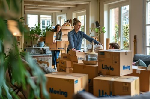 Aide ménagère souriante préparant des cartons pour faciliter le déménagement à Lille, illustrant comment bénéficier d'une aide ménagère peut libérer du temps et de l'énergie.